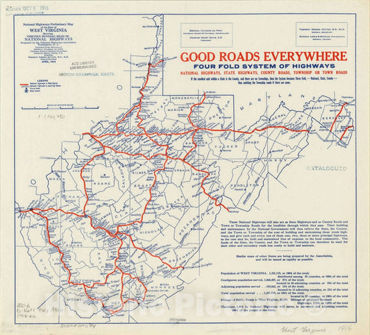 Map : West Virginia 1916, Antique Vintage Reproduction