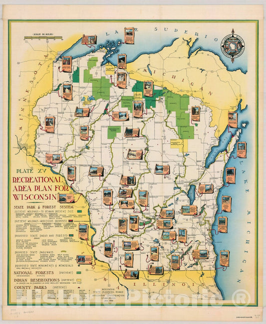 Map : Wisconsin 1939 8, Recreational area plan for Wisconsin , Antique Vintage Reproduction