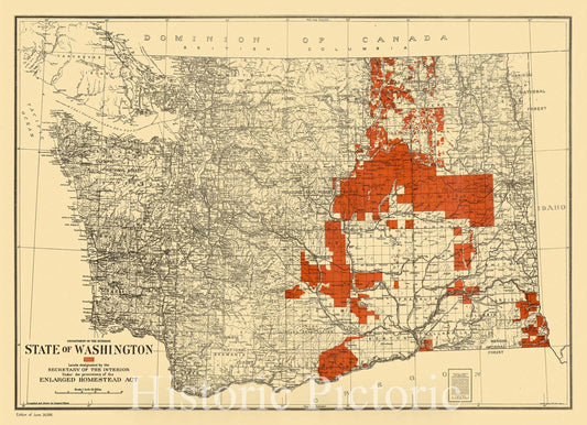 Historic Map : Washington 1916, State of Washington : lands designated by the Secretary of the Interior under the provisions of the Enlarged Homestead Act , Antique Vintage Reproduction