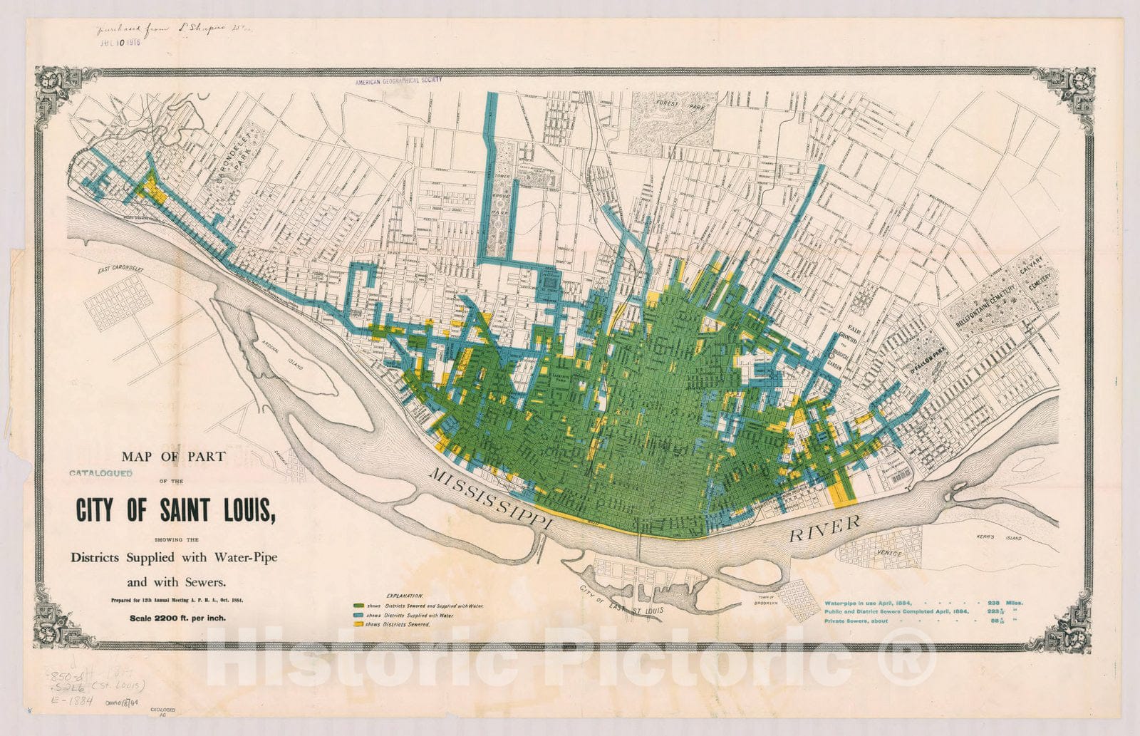 Map : Missouri 1884, Map of part of the City of Saint Louis, showing the districts supplied with water-pipe and with sewers. 1884, Antique Vintage Reproduction