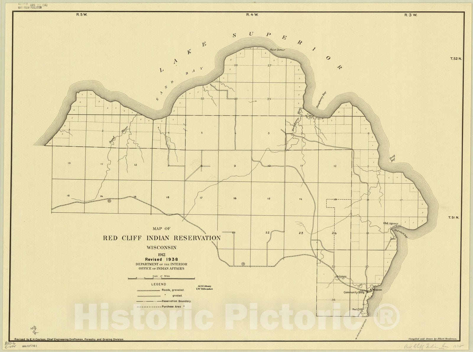 Map : Wisconsin 1938, Map of Red Cliff Indian Reservation, Wisconsin, 1912 revised 1938 , Antique Vintage Reproduction