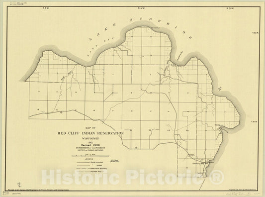 Map : Wisconsin 1938, Map of Red Cliff Indian Reservation, Wisconsin, 1912 revised 1938 , Antique Vintage Reproduction