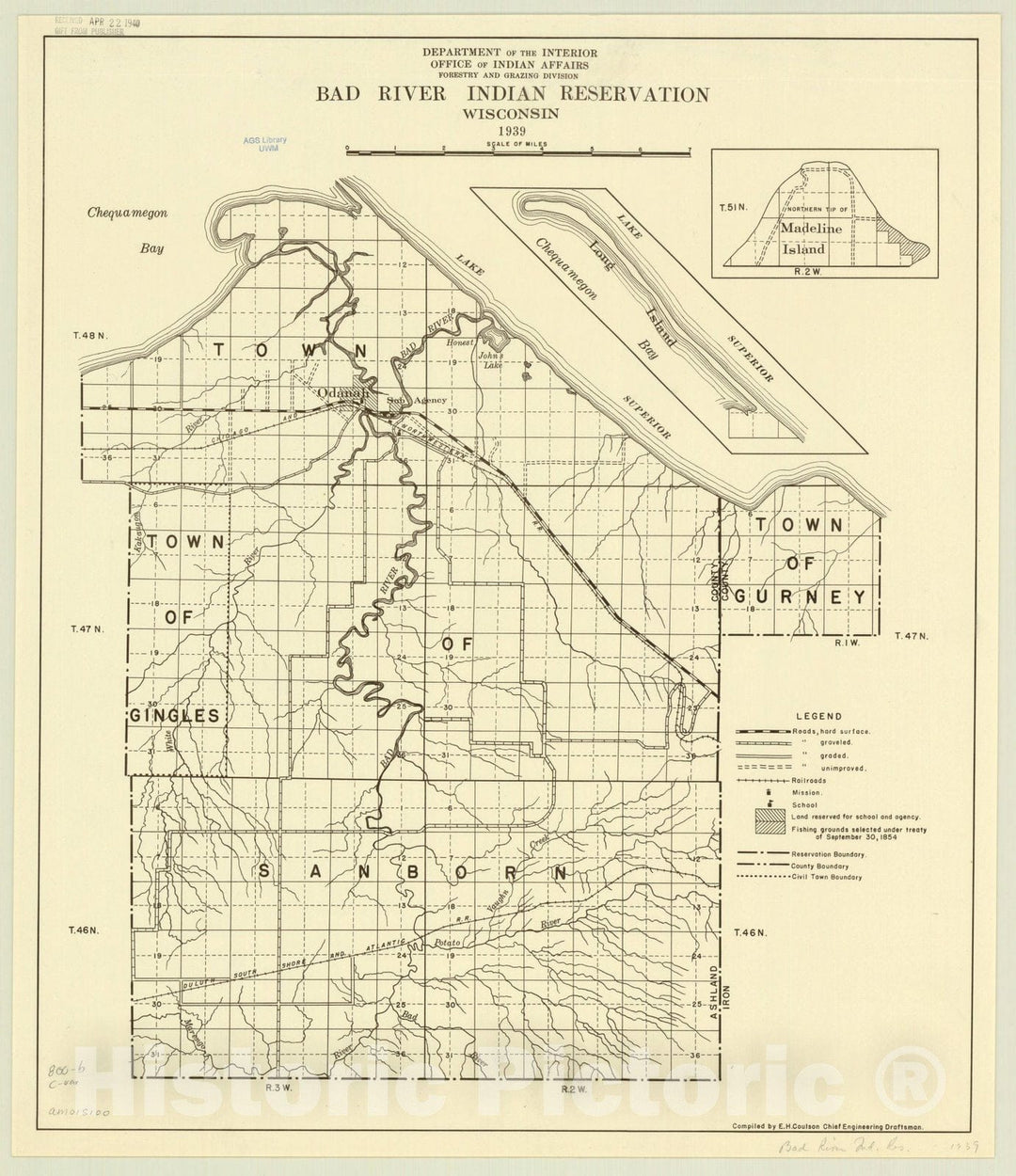 Map : Wisconsin 1939, Bad River Indian Reservation, Wisconsin : 1939 , Antique Vintage Reproduction