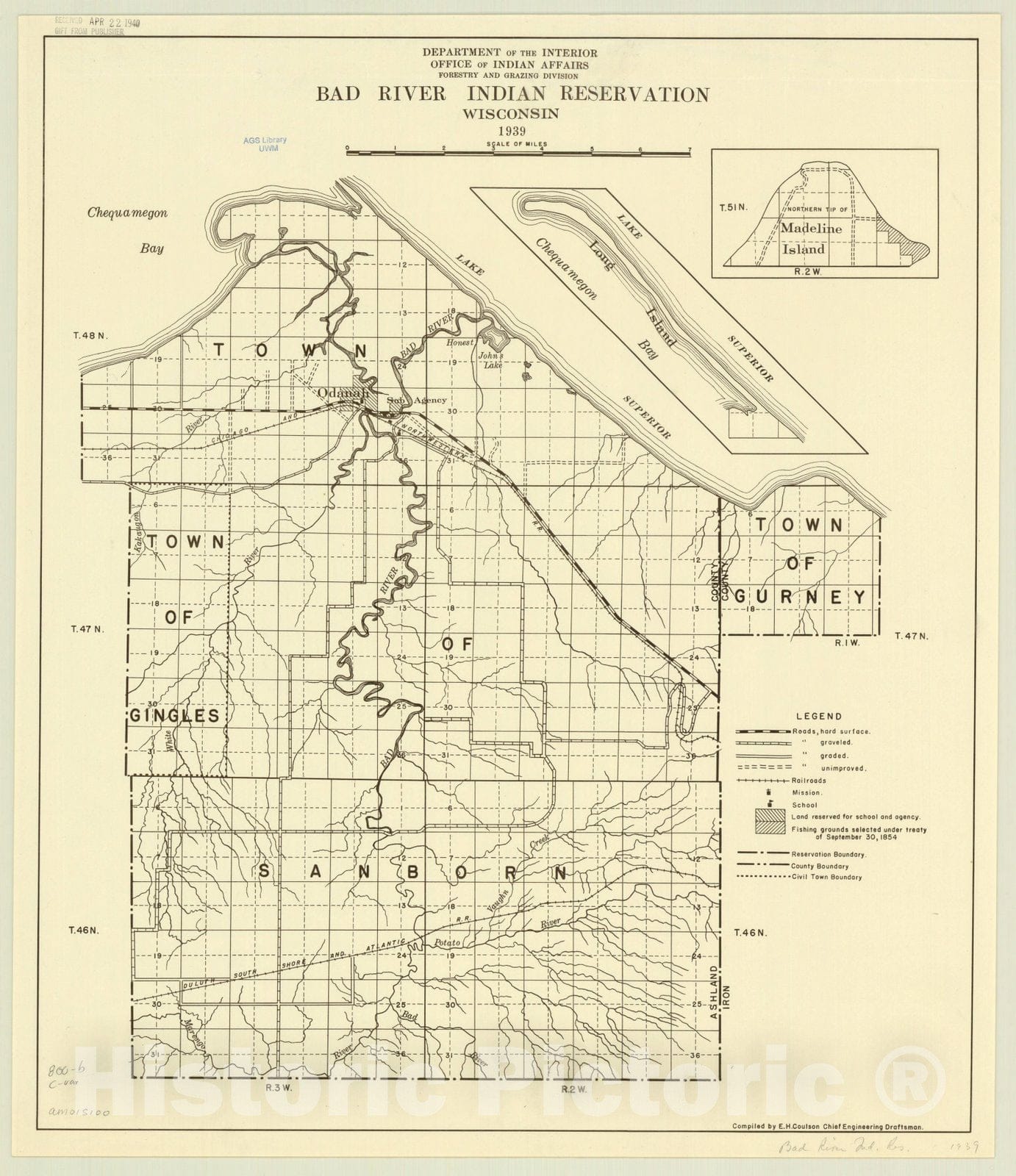 Map : Wisconsin 1939, Bad River Indian Reservation, Wisconsin : 1939 , Antique Vintage Reproduction
