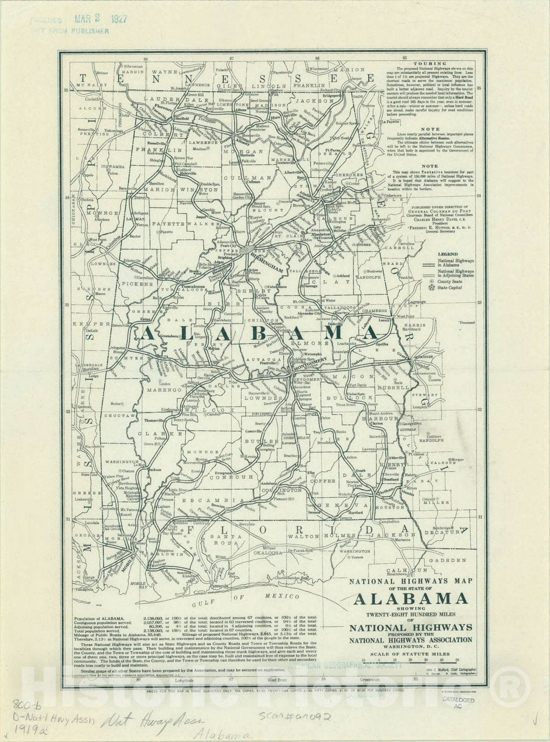 Map : Alabama 1919, National Highways map of the state of Alabama showing twenty-eight hundred miles of national highways