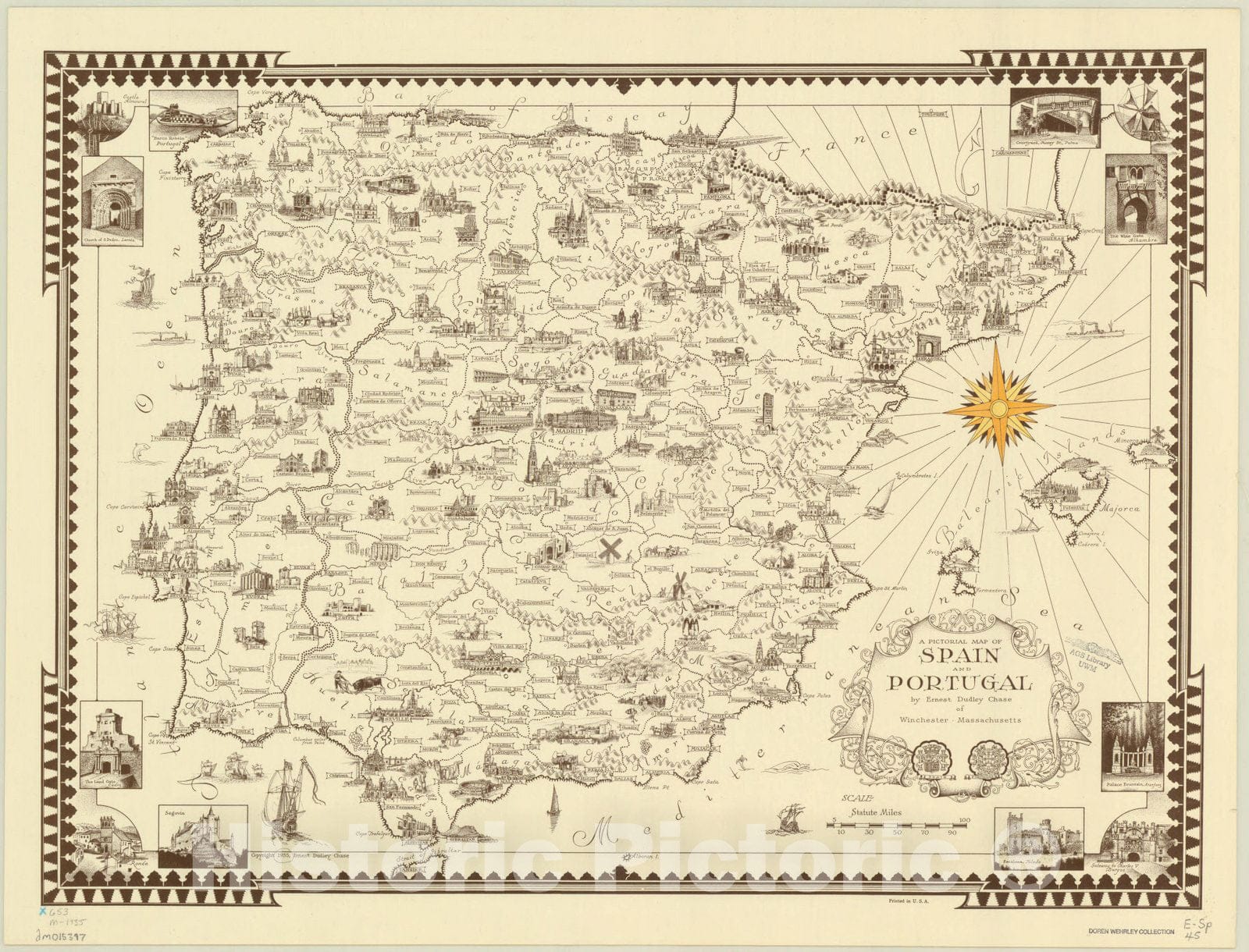 Map : Iberian Peninsula 1935, A pictorial map of Spain and Portugal , Antique Vintage Reproduction