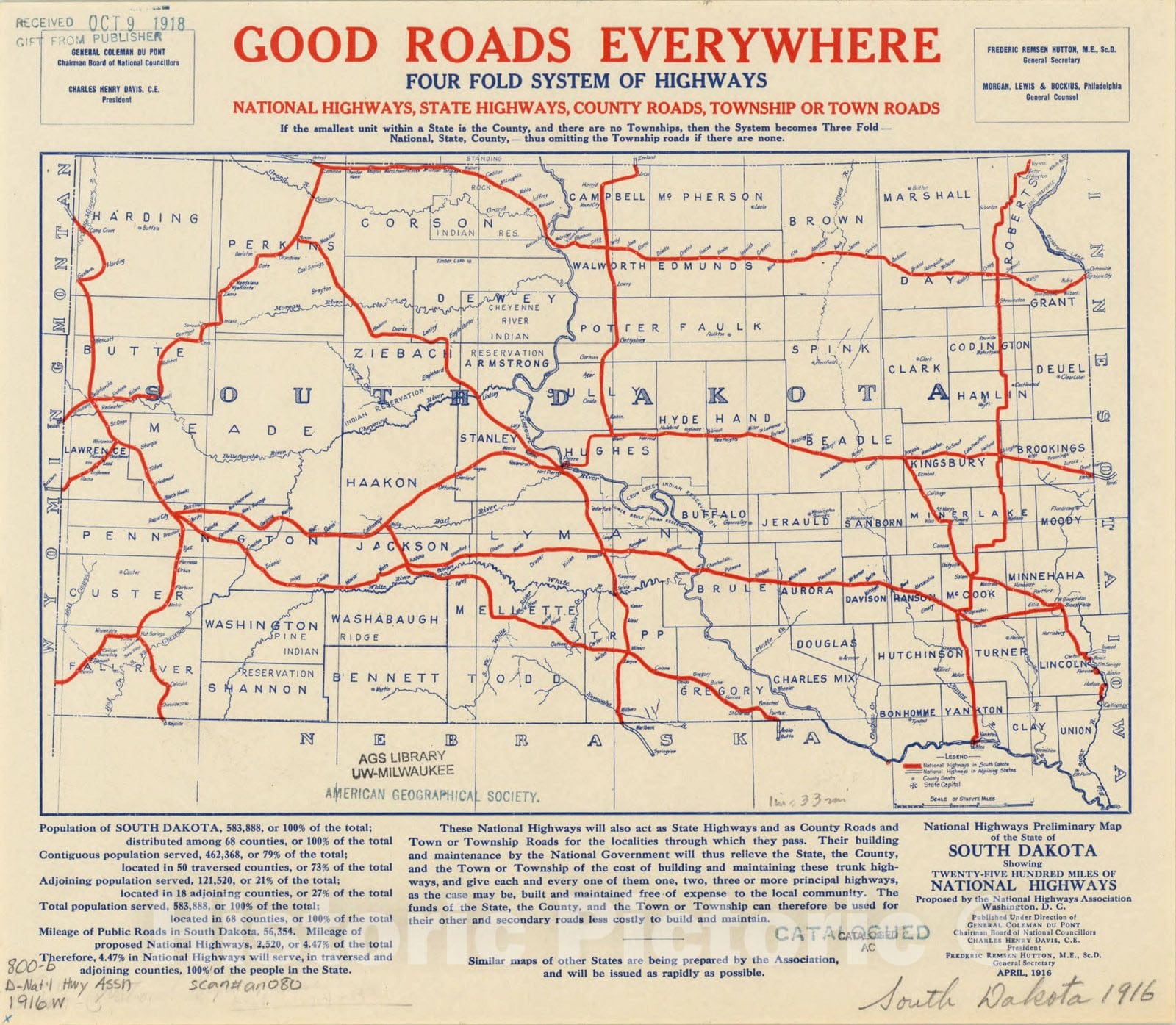 Map : South Dakota 1916, Antique Vintage Reproduction