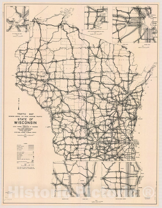 Map : Wisconsin 1942, Traffic map, showing annual 24 hour average traffic, state of Wisconsin , Antique Vintage Reproduction
