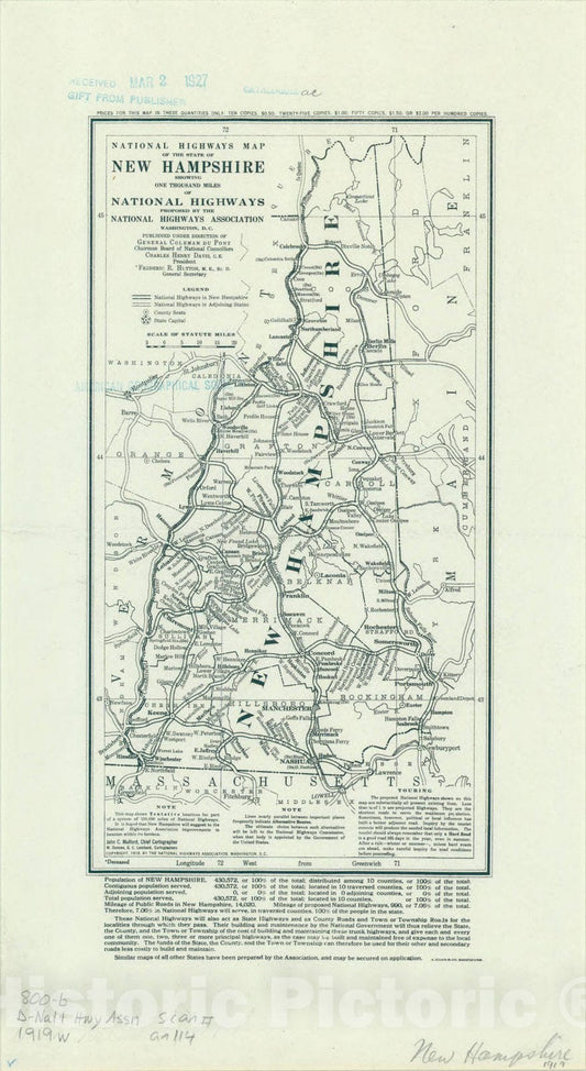 Map : New Hampshire 1919, National highways map of the state of New Hampshire: showing one thousand miles of national highways