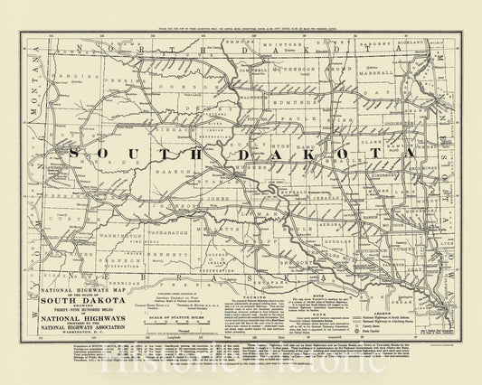 Map : South Dakota 1919, National highways map of the state of South Dakota : showing thirty-nine hundred miles of national highways, Antique Vintage Reproduction