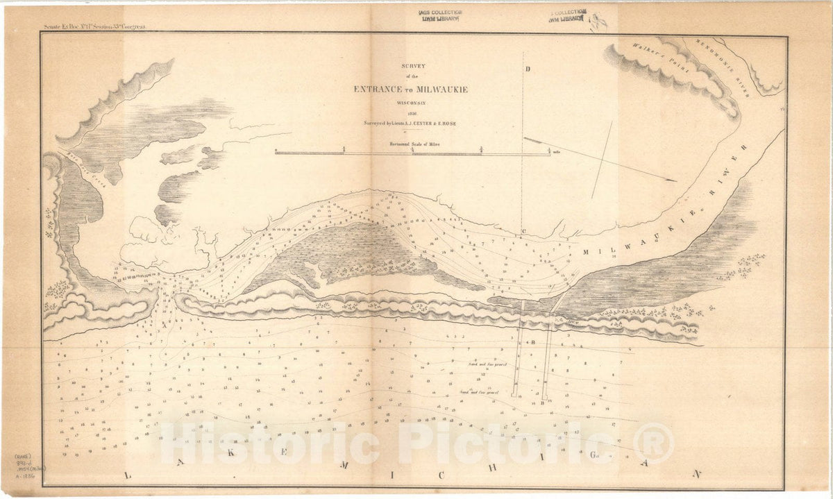 Map : Milwaukee Harbor (Wisconsin) 1836, Survey of the entrance to Milwaukie, Wisconsin, 1836 , Antique Vintage Reproduction