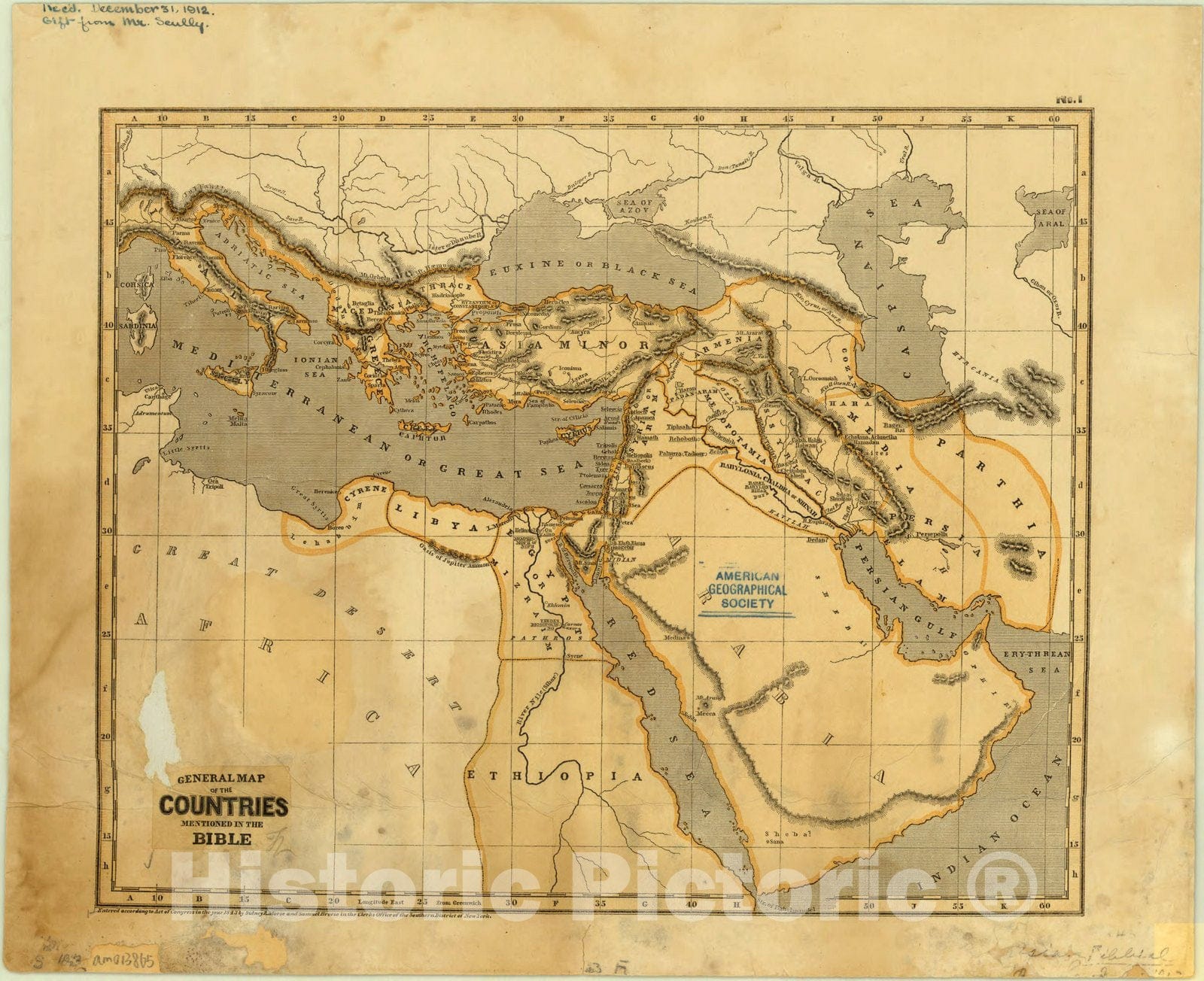 Map : Middle East 1843, General map of the countries mentioned in the Bible, Antique Vintage Reproduction
