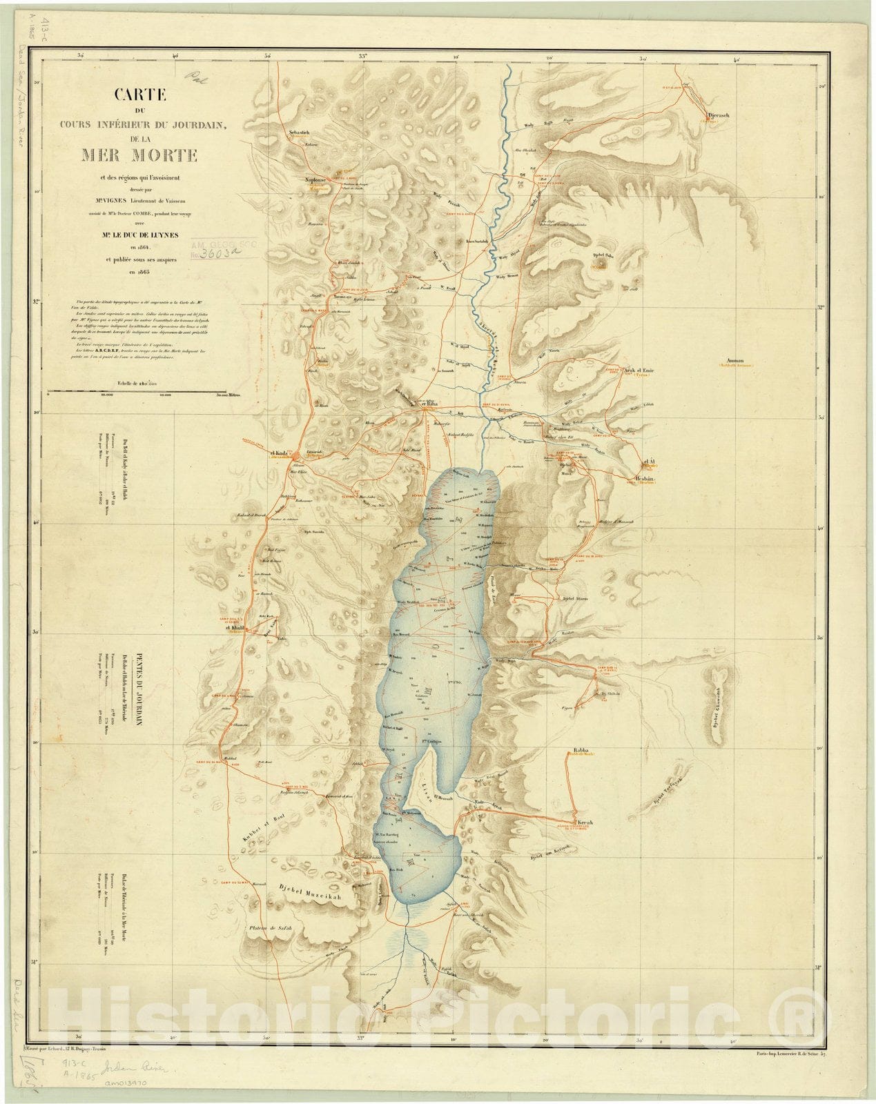Map : Palestine and Jordan 1865, Carte du cours inferieur du Jourdain de la Mer Morte : et des regions qui l'avoisinent , Antique Vintage Reproduction