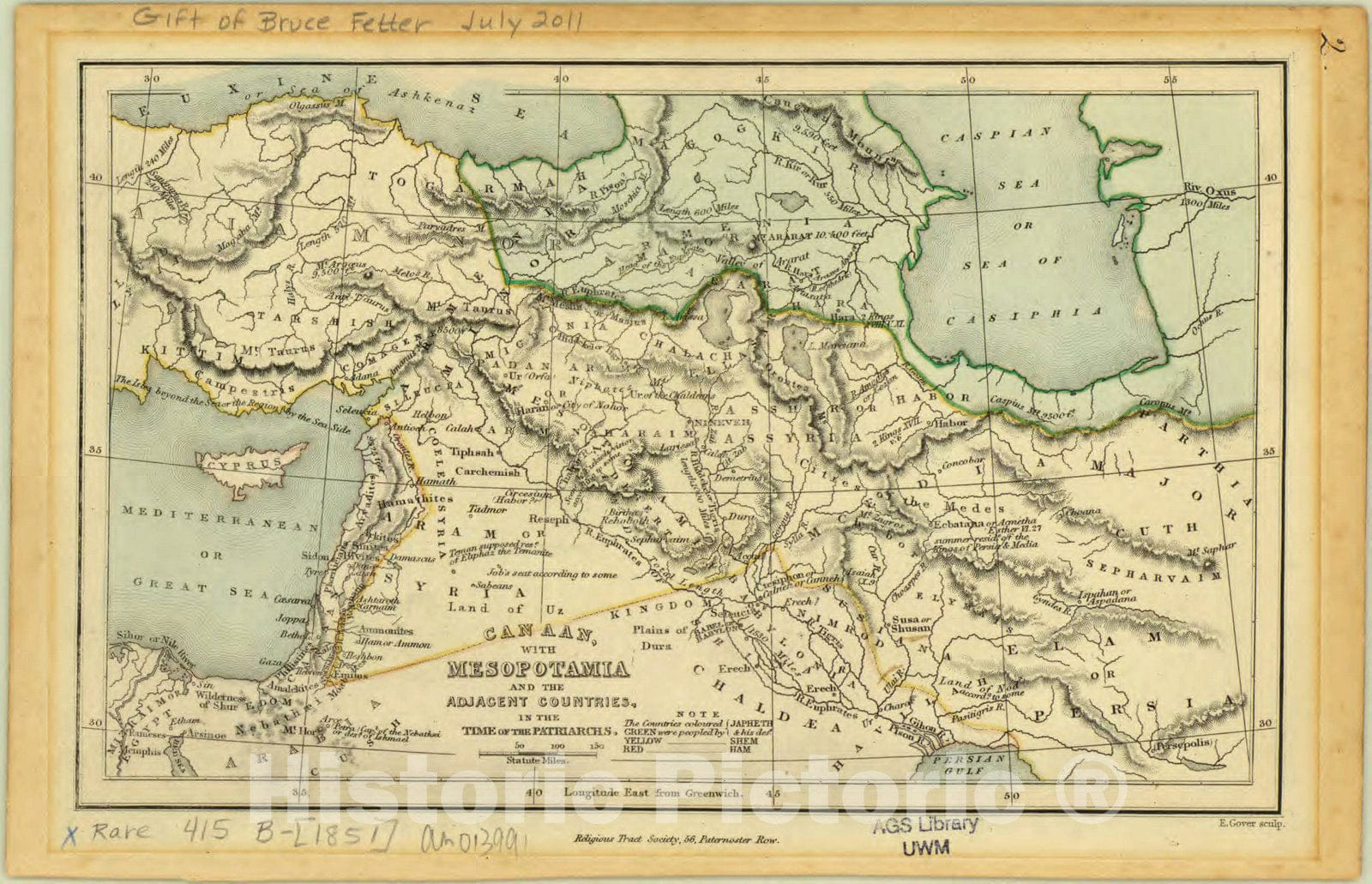 Map : Middle East 1851, Canaan with Mesopotamia and the adjacent countries, in the time of the patriarchs , Antique Vintage Reproduction