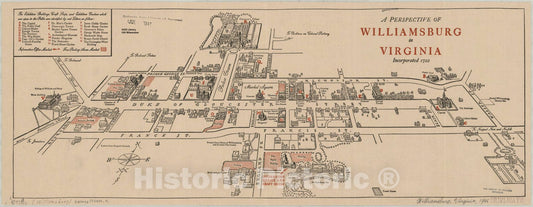 Map : Williamsburg, Virginia 1722 1946, A perspective of Williamsburg in Virginia, incorporated 1722, Antique Vintage Reproduction