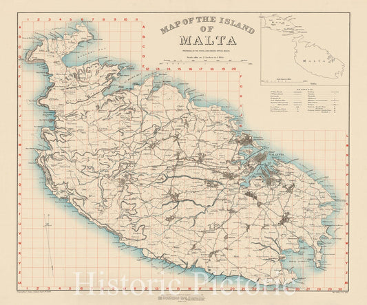 Map : Malta 1910, Map of the island of Malta , Antique Vintage Reproduction