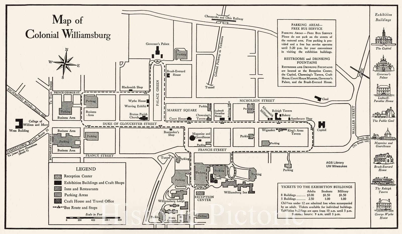 Map : Williamsburg, Virginia 1955, Map of Colonial Williamsburg, Antique Vintage Reproduction