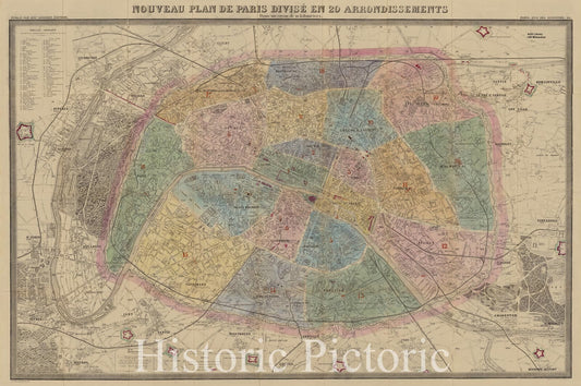 Map : Paris, France 1871, Nouveau plan de Paris divise en 20 arrondissements : dans un rayon de 10 kilometres , Antique Vintage Reproduction