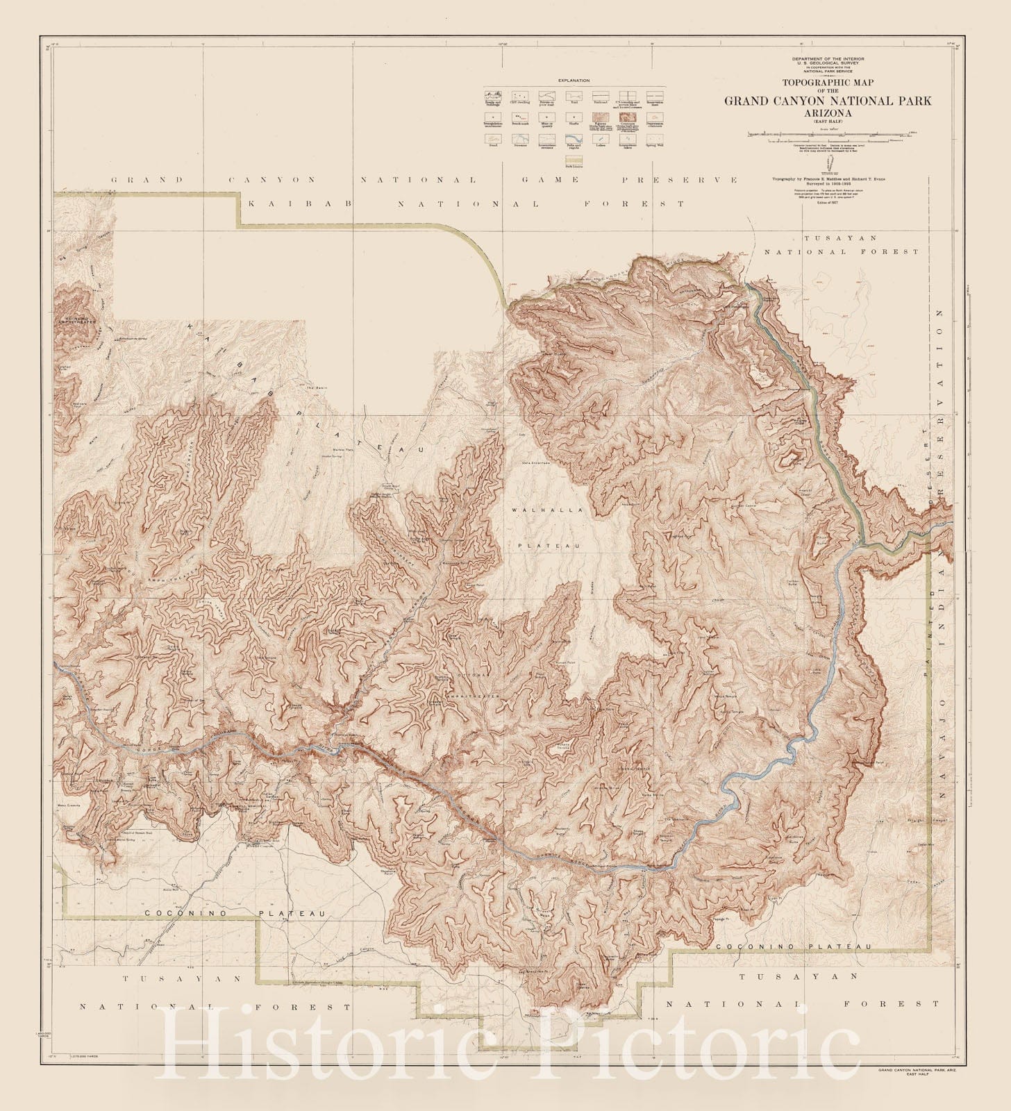 Map : Grand Canyon National Park, Arizona 1927 2, Topographic map of the Grand Canyon National Park, Arizona , Antique Vintage Reproduction