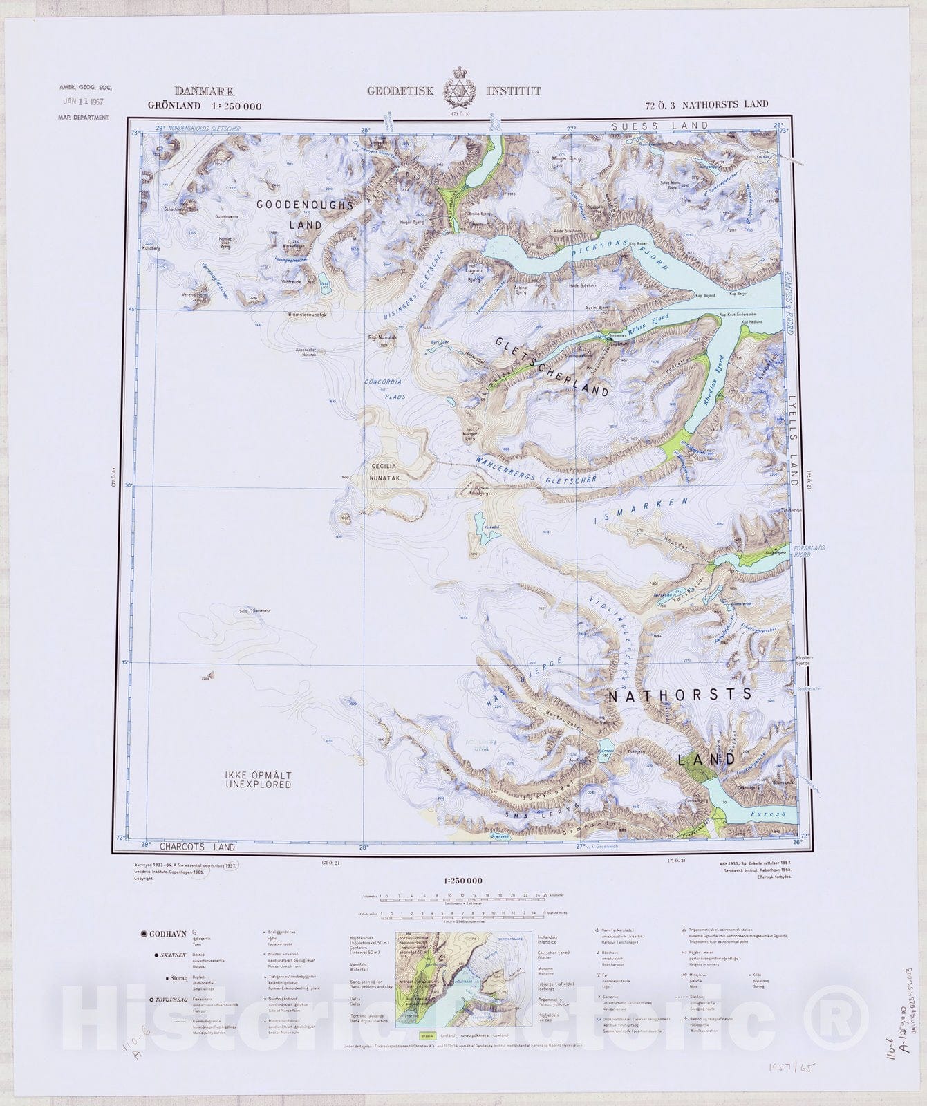Map : Nathorsts Land, Greenland 1965, Danmark, Gronland 1:250 000 Nathorsts Land, Antique Vintage Reproduction
