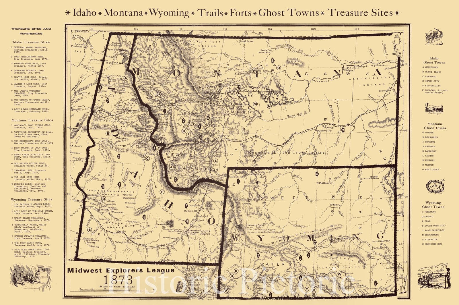Map : Idaho, Montana and Wyoming 1980-1989, Idaho, Montana, Wyoming, trails, forts, ghost towns, treasure sites 1873 , Antique Vintage Reproduction
