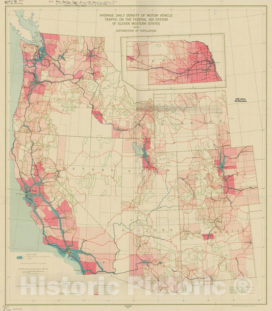 Historic Map : United States, western region 1931, Average daily density of motor vehicle traffic on the federal aid system of the eleven western states, Antique Vintage Reproduction