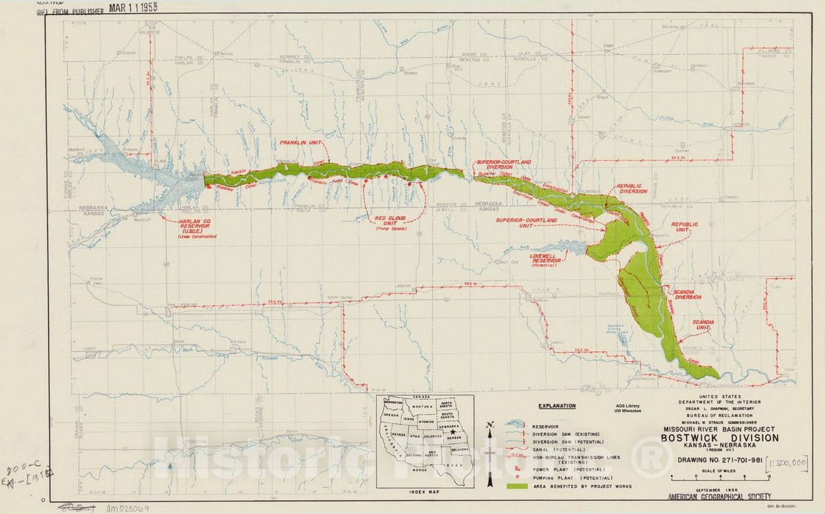 Map : Missouri River basin 1950, Missouri River basin project, Bostwick Division, Nebraska-Kansas, (Region VII) , Antique Vintage Reproduction