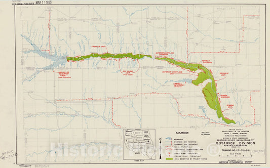 Map : Missouri River basin 1950, Missouri River basin project, Bostwick Division, Nebraska-Kansas, (Region VII) , Antique Vintage Reproduction