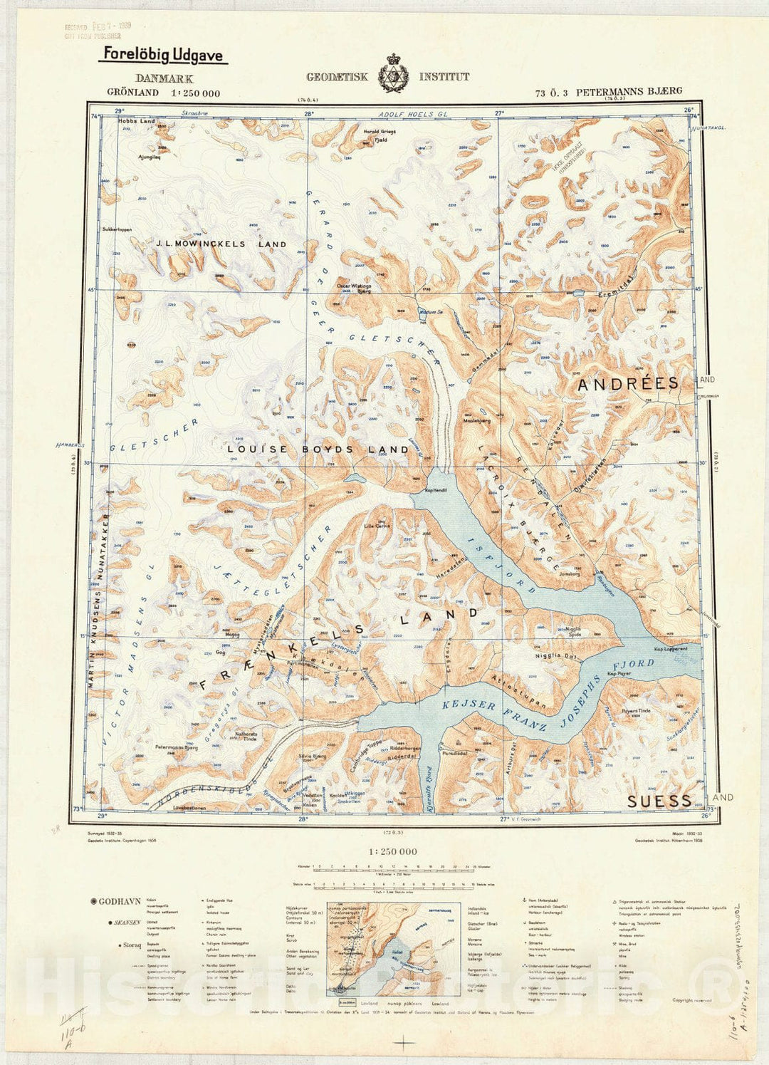 Map : Petermanns Bjaerg, Greenland 1938, Danmark, Gronland 1:250 000 Petermanns Bjaerg , Antique Vintage Reproduction