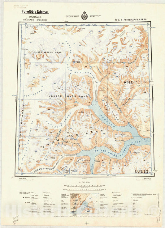 Map : Petermanns Bjaerg, Greenland 1938, Danmark, Gronland 1:250 000 Petermanns Bjaerg , Antique Vintage Reproduction