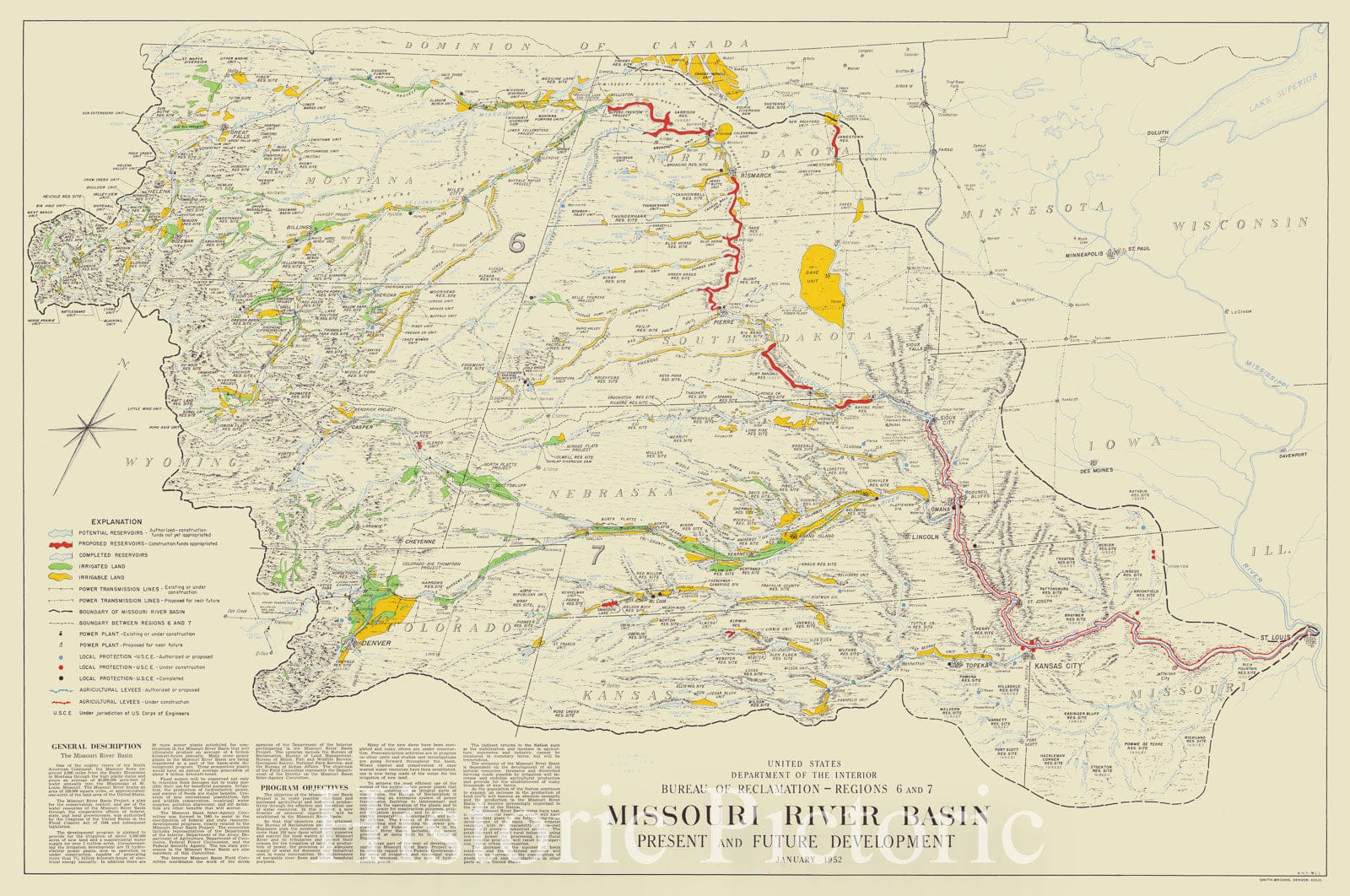 Map : Missouri River Basin 1952, Missouri River basin, present and future development, January 1952, Antique Vintage Reproduction