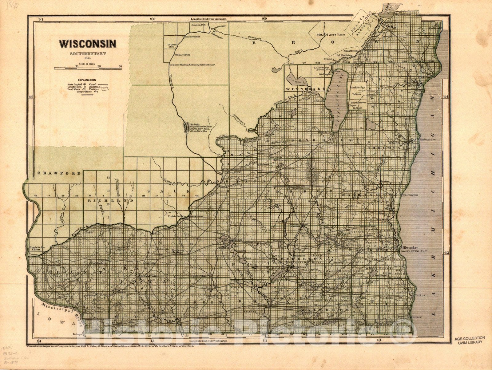 Map : Wisconsin 1844, southern part, Wisconsin : southern part, Antique Vintage Reproduction
