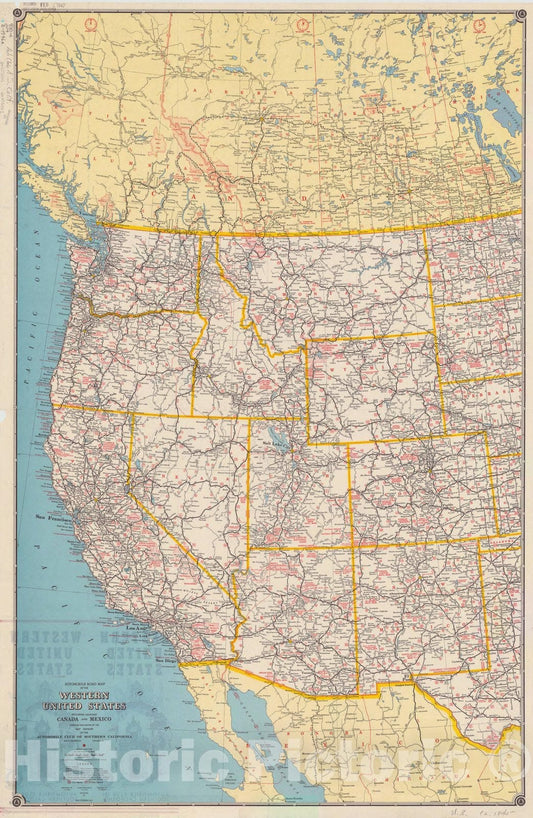Map : United States, western 1946 2, Automobile road map of the western United States including adjacent Canada and Mexico , Antique Vintage Reproduction