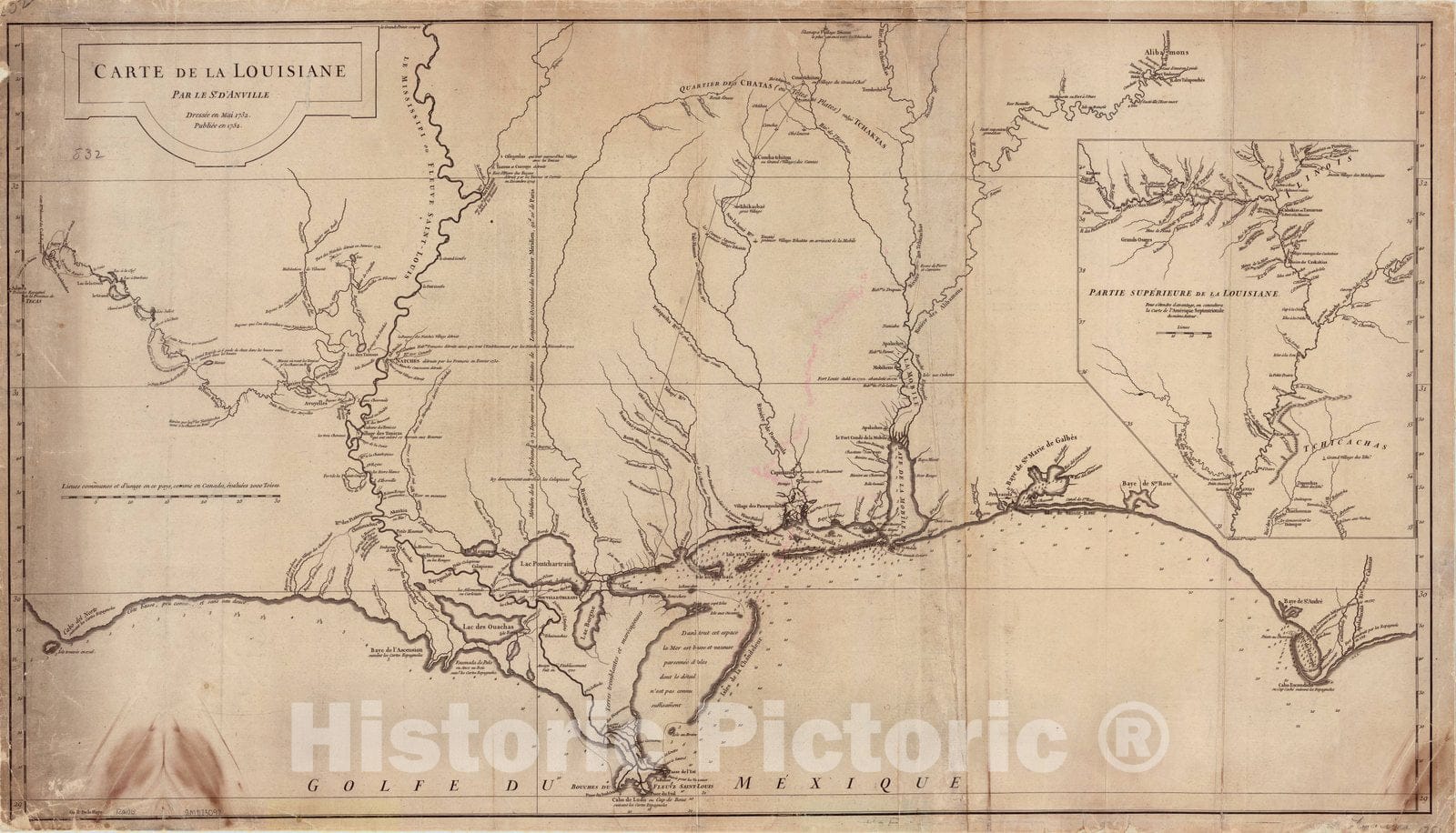 Map : Louisiana 1752, Carte de la Louisiane par le Sr. d'Anville. Dressee en mai 1732, publiee en 1752 ; [Gravee par] Guille. de la Haye, Antique Vintage Reproduction