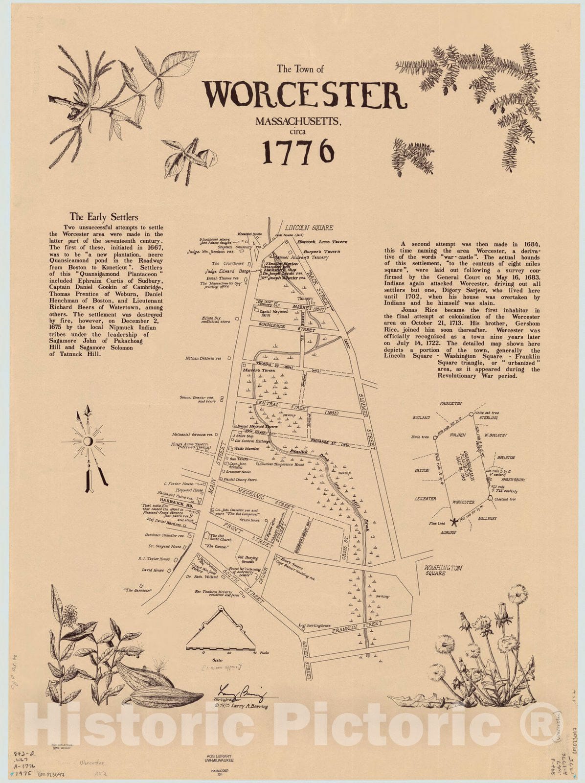 Map : Worcester, Massachusetts 1776, The town of Worcester, Massachusetts circa 1776 , Antique Vintage Reproduction