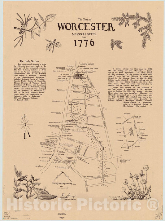 Map : Worcester, Massachusetts 1776, The town of Worcester, Massachusetts circa 1776 , Antique Vintage Reproduction