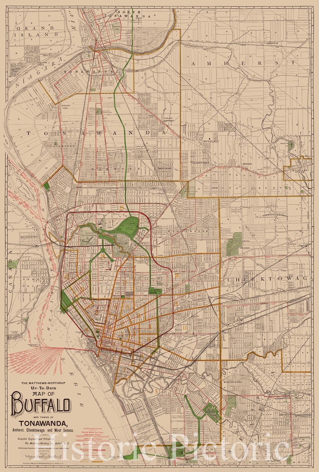 Historic Map : Buffalo, New York 1898, The Matthews-Northrup up-to-date map of Buffalo and towns of Tonawanda, Amherst, Cheektowaga and West Seneca , Antique Vintage Reproduction