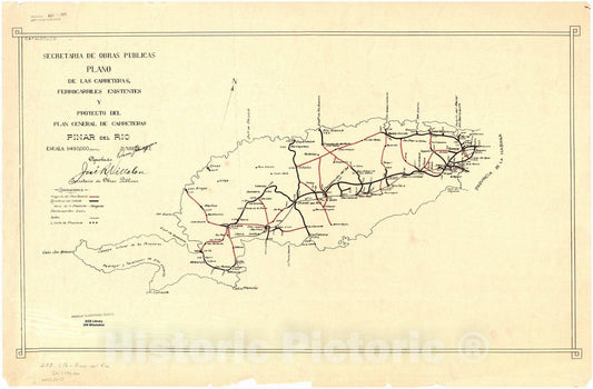 Map : Cuba 1917 6, Plano de las carreteras, ferrocarriles existentes y proyecto del plan general de carreteras ... [de Cuba] , Antique Vintage Reproduction