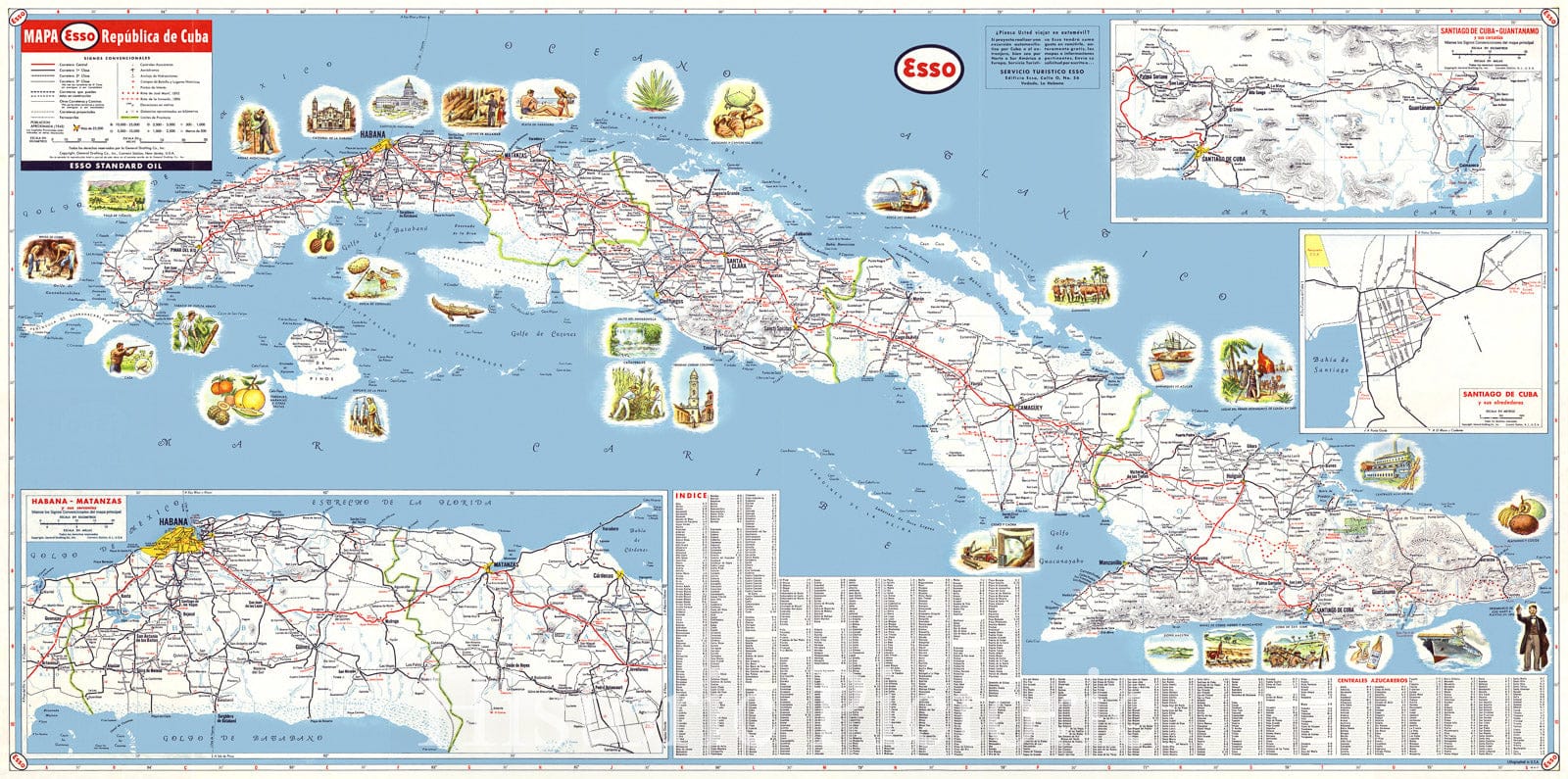 Map : Cuba 1952, Mapa de las carreteras de la Republica de Cuba, Antique Vintage Reproduction
