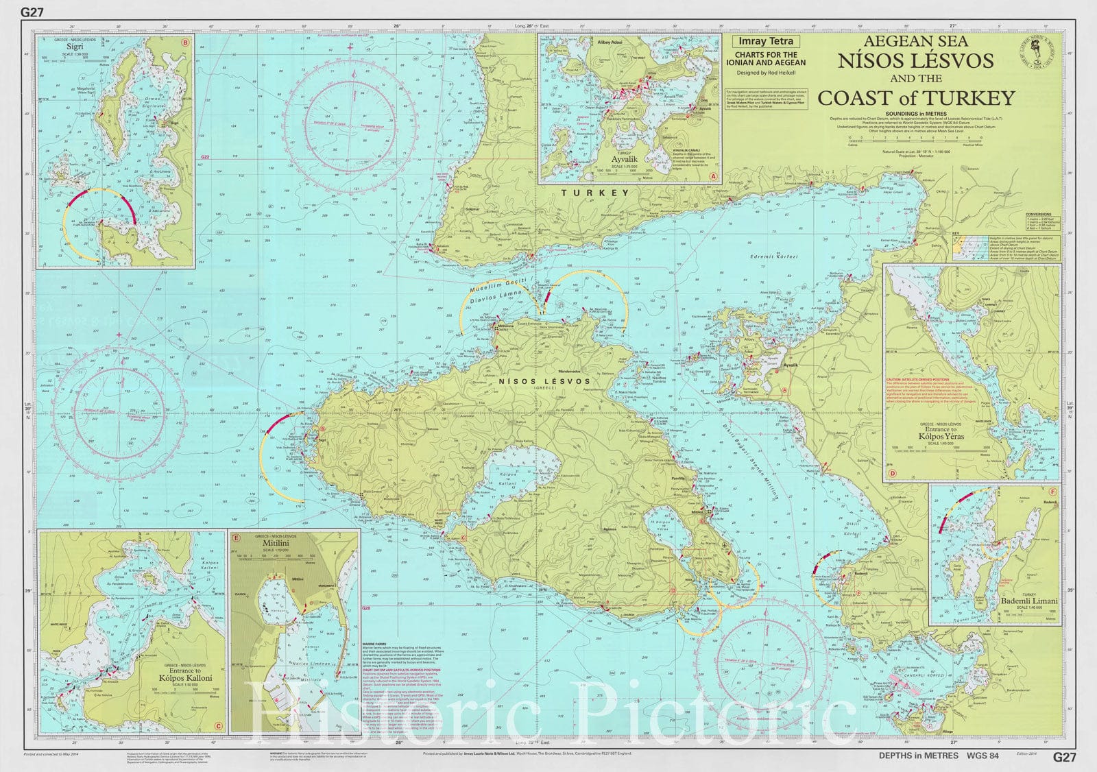 Map : Nisos Lesvos, Greece 2014, Aegean Sea : Nisos Lesvos and the Coast of Turkey , Antique Vintage Reproduction