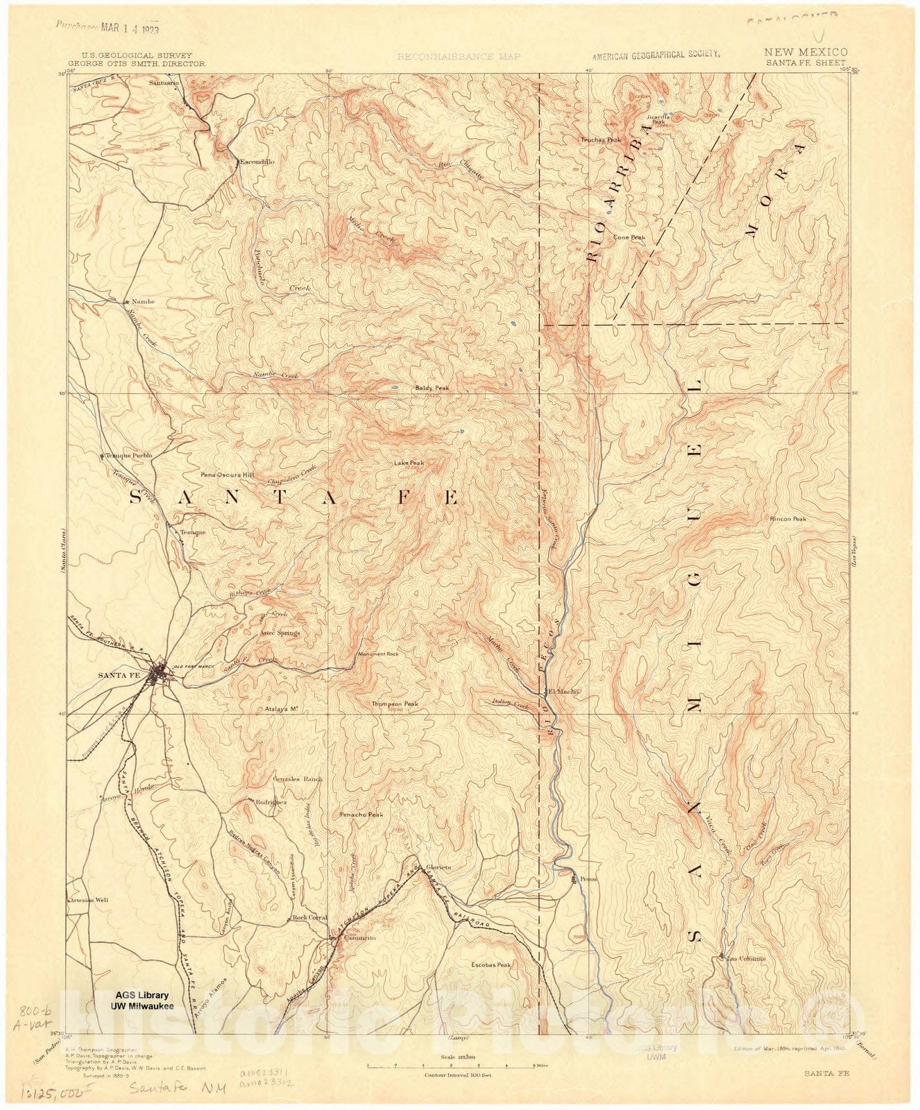 Map : Santa Fe, New Mexico 1910, New Mexico, Santa Fe sheet , Antique Vintage Reproduction