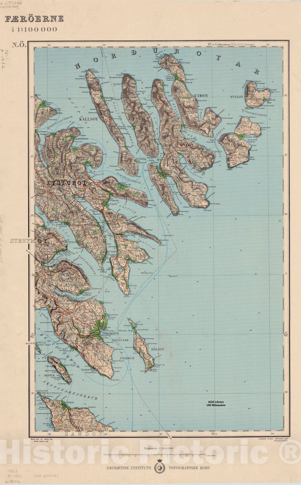 Map : Faroe Islands 1932 3, Faeroerne i 1:100 000 , Antique Vintage Reproduction