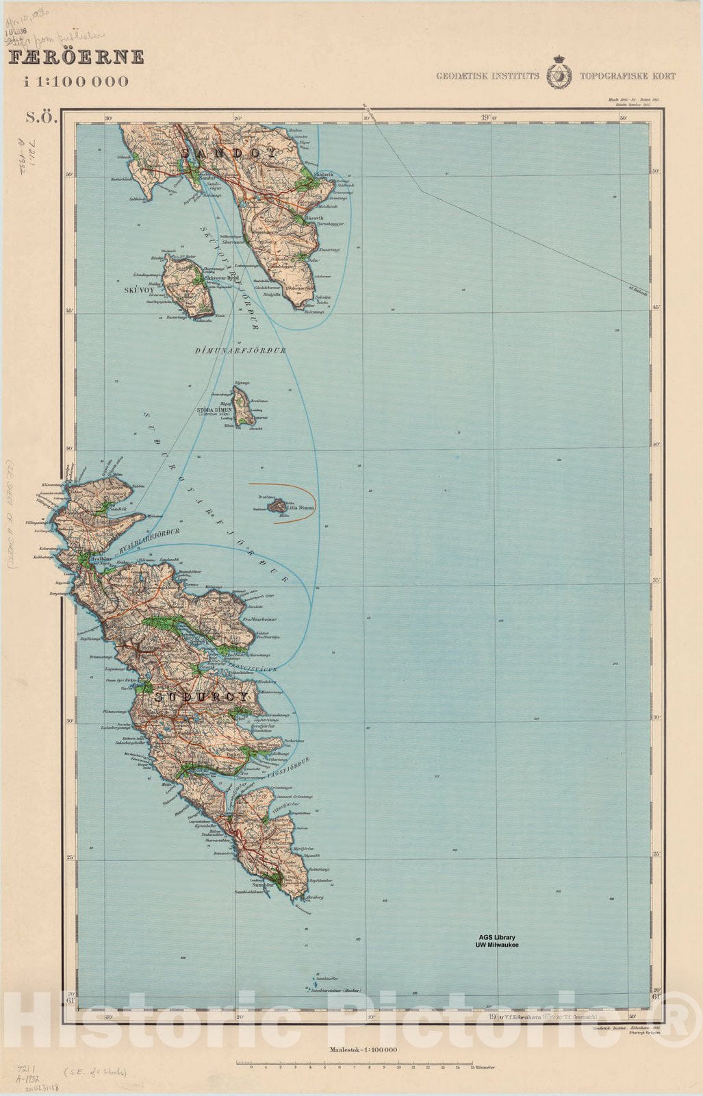 Map : Faroe Islands 1932 1, Faeroerne i 1:100 000 , Antique Vintage Reproduction