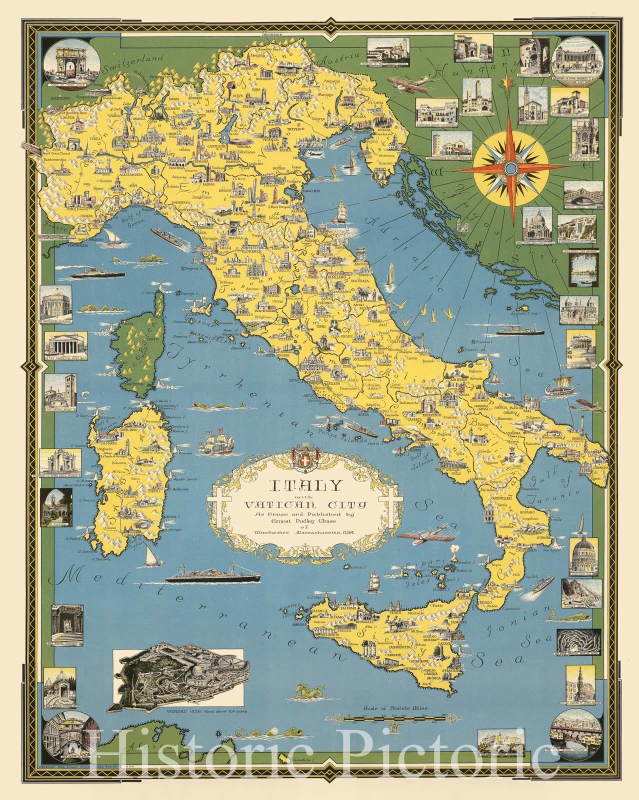 Map : Italy 1940, Italy with Vatican City , Antique Vintage Reproduction