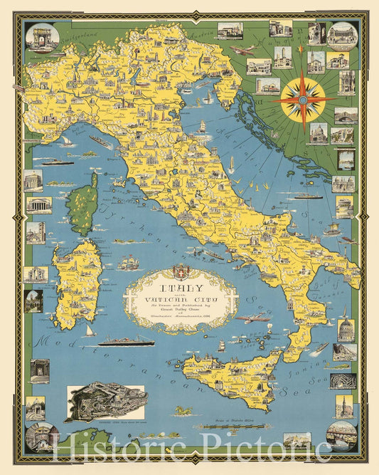 Map : Italy 1940, Italy with Vatican City , Antique Vintage Reproduction