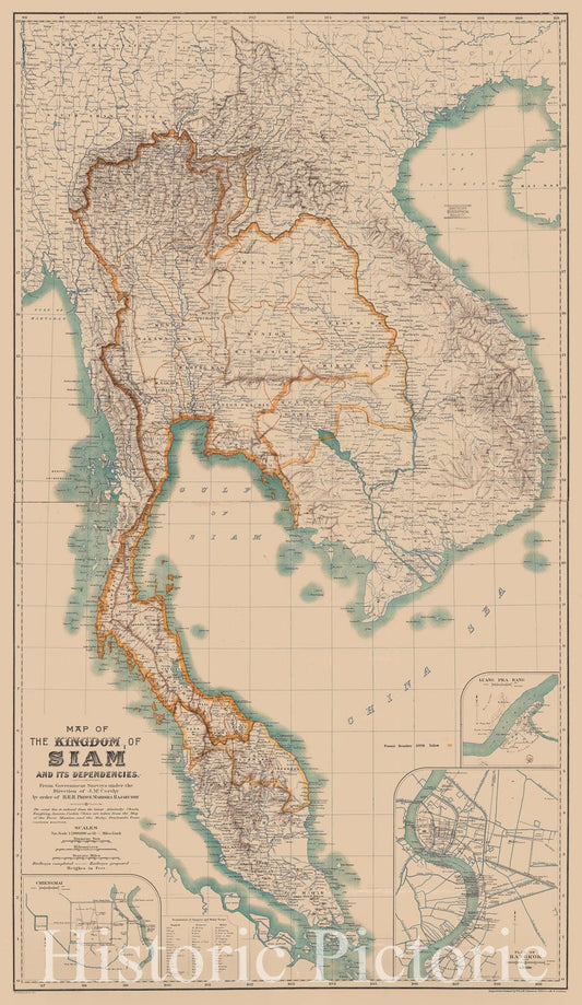 Map : Thailand 1900, Map of the Kingdom of Siam and its dependencies , Antique Vintage Reproduction