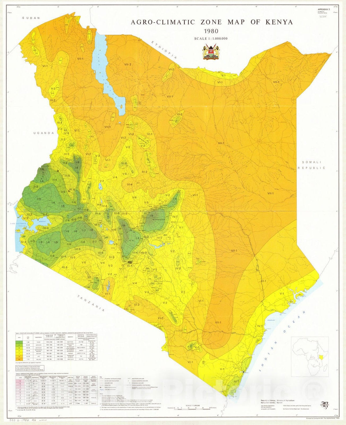 Map : Kenya 1982 7, [Exploratory soil map and agro-climatic zone map of Kenya, 1980 : scale 1:1,000,000] , Antique Vintage Reproduction