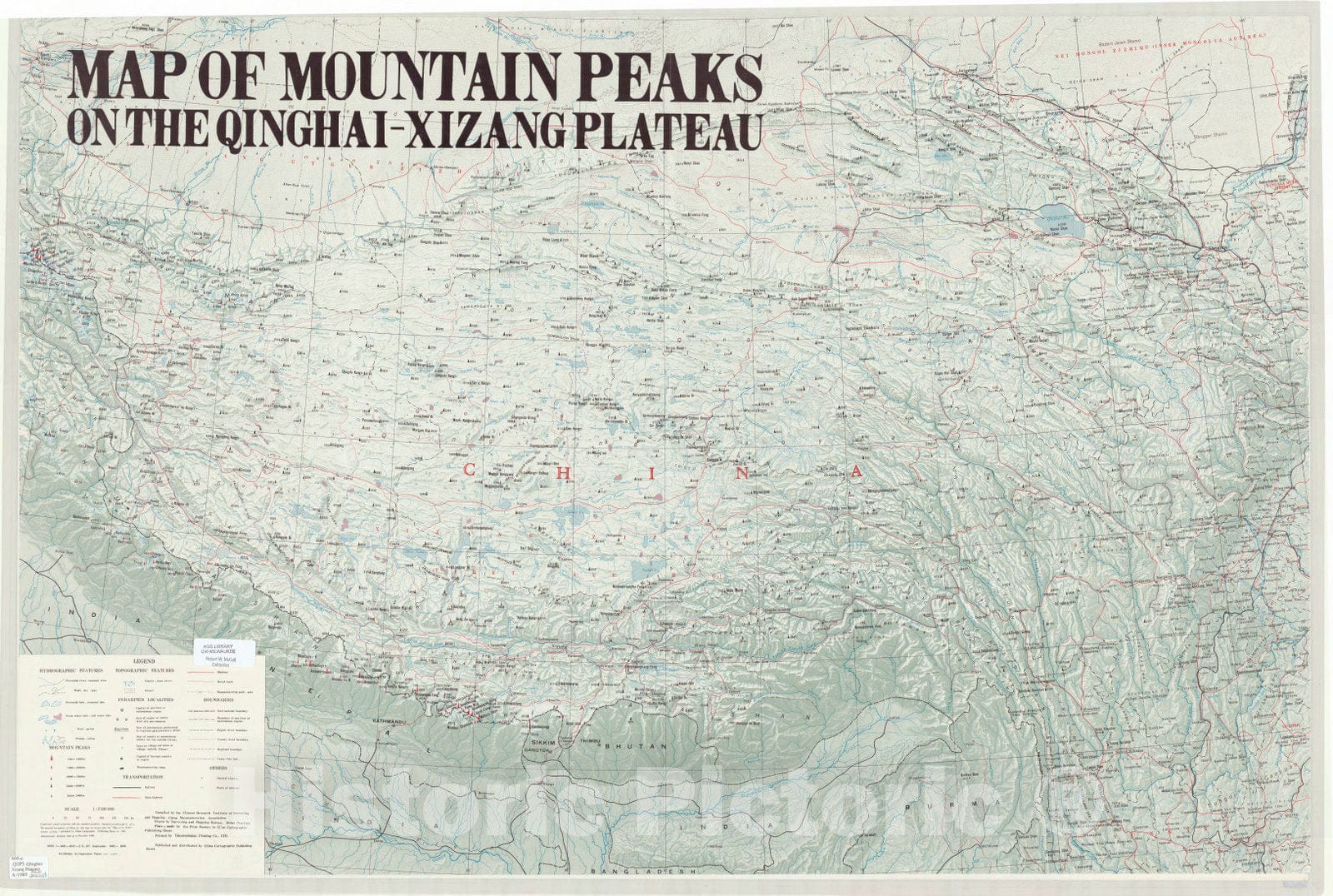 Map : Tibet 1989 1, Map of mountain peaks on the Quinghai-Xizang Plateau , Antique Vintage Reproduction