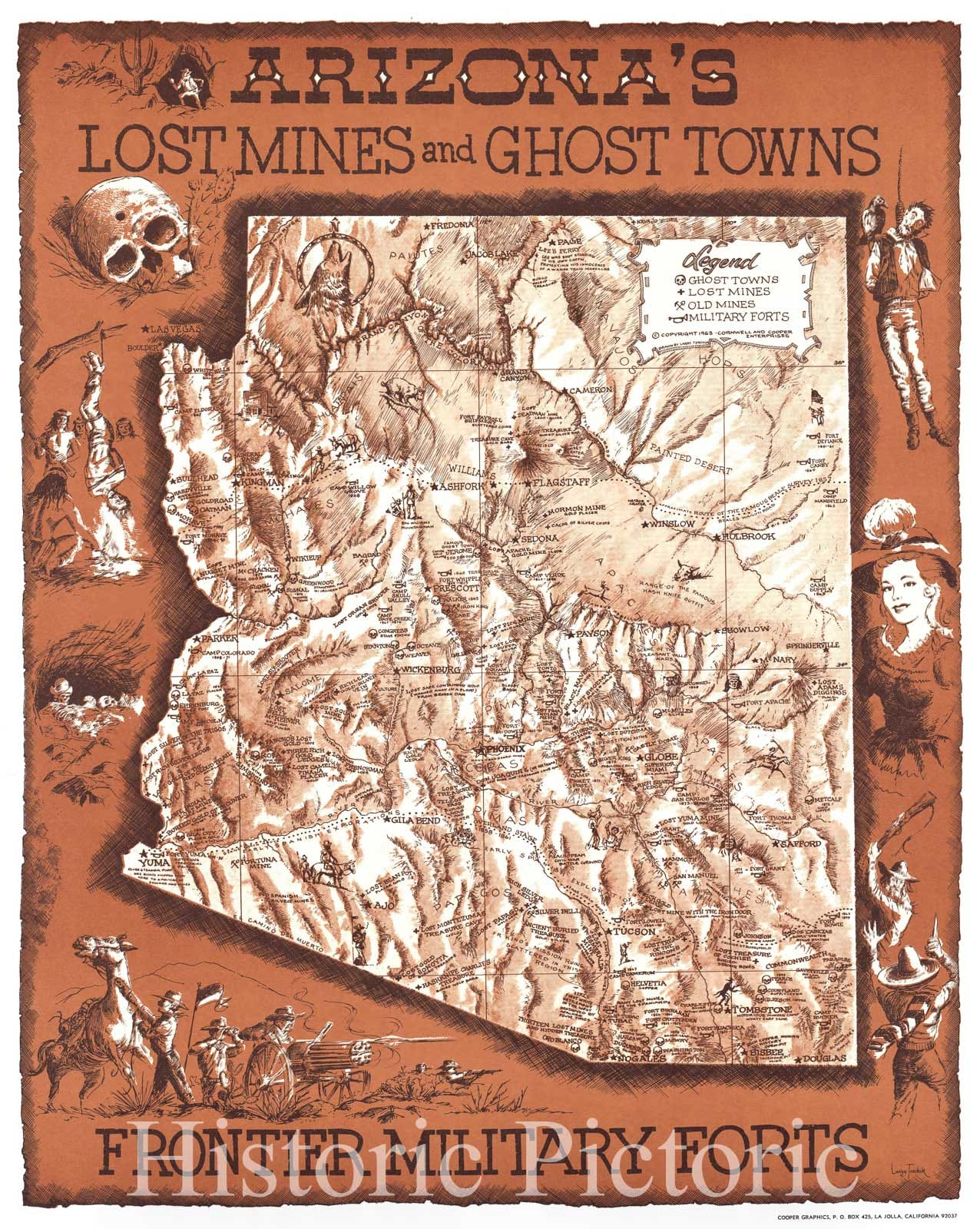 Map : Arizona 1963, Arizona's lost mines and ghost towns, frontier military forts, Antique Vintage Reproduction