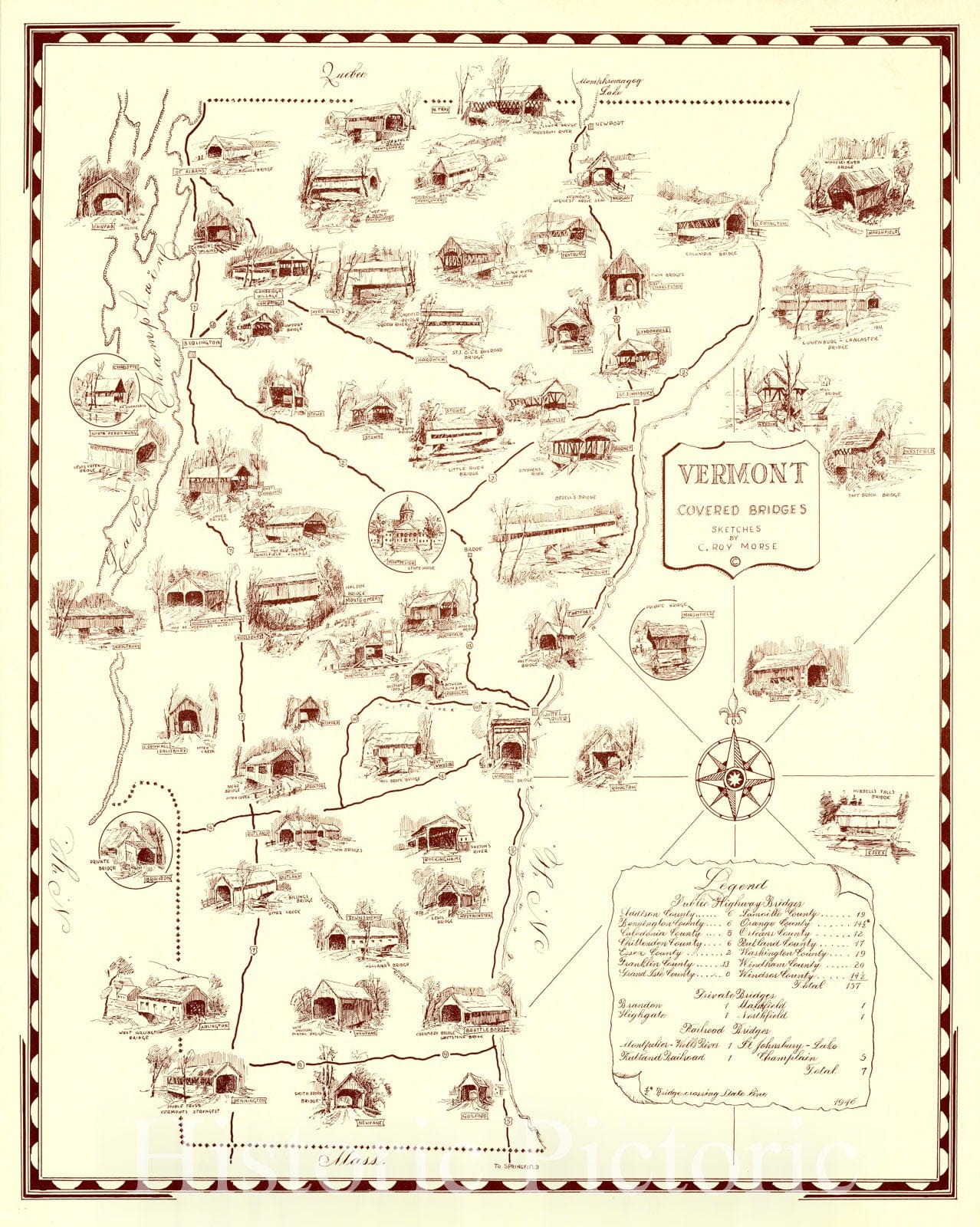 Map : Vermont 1946, Vermont covered bridges, June 1, 1946 , Antique Vintage Reproduction